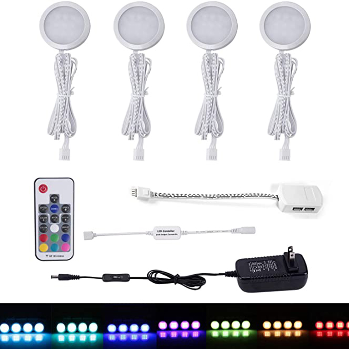 DC12V 4 Pcs 8W RGB Color Changing Under Cabinet LED Puck Lights Kit, Slim Multi Color Puck Lights